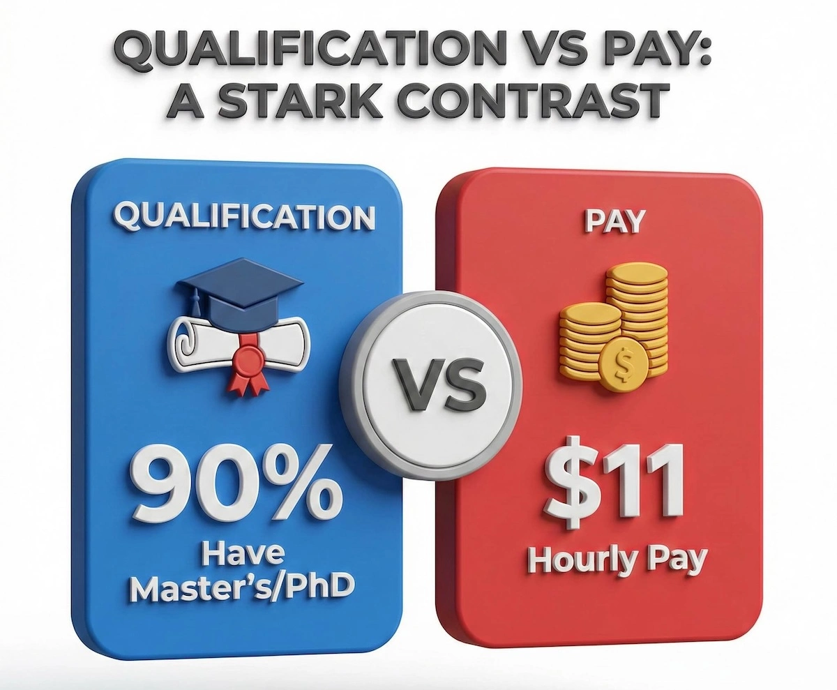 Infographic showing the gap between Smarthinking tutors' high qualifications (90% Master's degrees) and low compensation ($11 per hour).