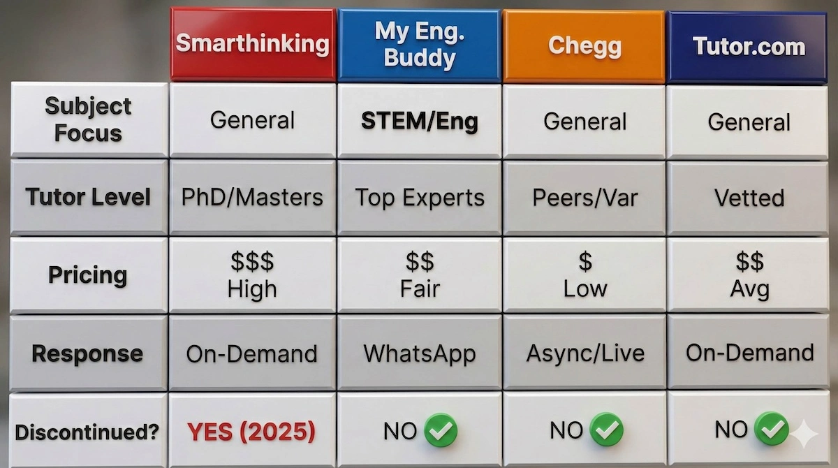 Comparison table showing Pearson Smarthinking versus My Engineering Buddy, Chegg, and Tutor.com regarding subjects, pricing, and 2025 availability.