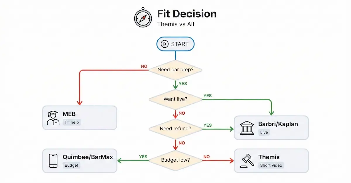 Decision tree helping students choose Themis Bar Review versus alternatives based on live classes, refund needs, and budget level.