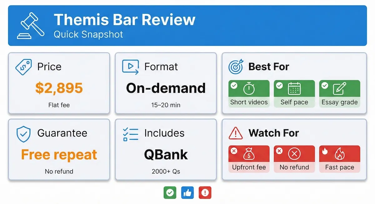 Quick snapshot of Themis Bar Review showing price, on-demand format, free repeat guarantee, and included QBank in one view.
