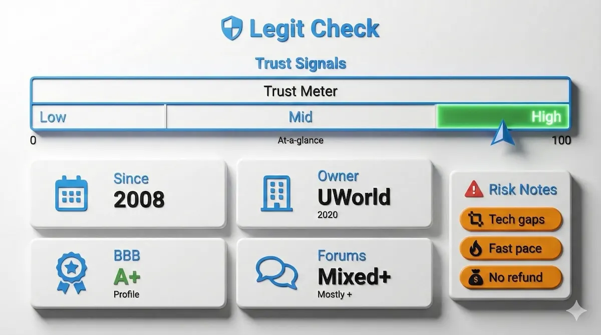 Trust meter infographic summarizing Themis legitimacy signals like founding year, ownership, BBB A+ profile, and forum sentiment.