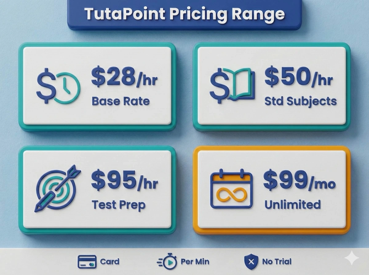 Pricing infographic for TutaPoint showing $28/hr base, $50/hr standard, $95/hr test prep, and $99/month unlimited option.