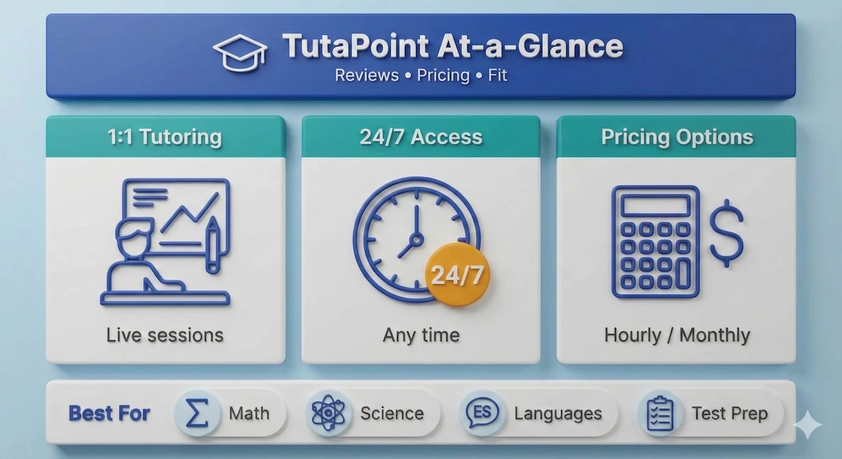 TutaPoint at-a-glance infographic showing 1:1 tutoring, 24/7 access, pricing options, and best-for subjects like math and science.