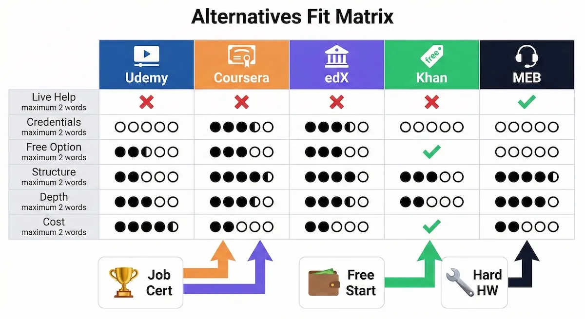 Fit matrix comparing Udemy alternatives—Coursera, edX, Khan Academy, and MEB—using symbols for credentials, cost, and support.