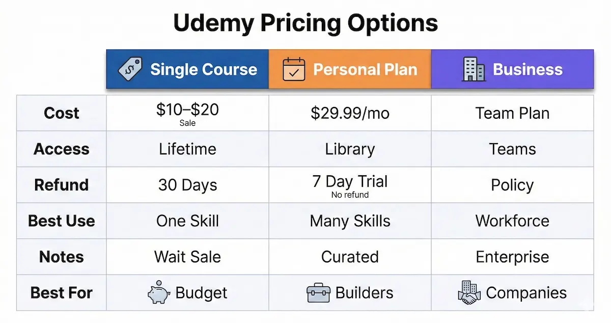 Comparison table showing Udemy pricing: single-course sale cost, Personal Plan monthly price, and Business access differences.