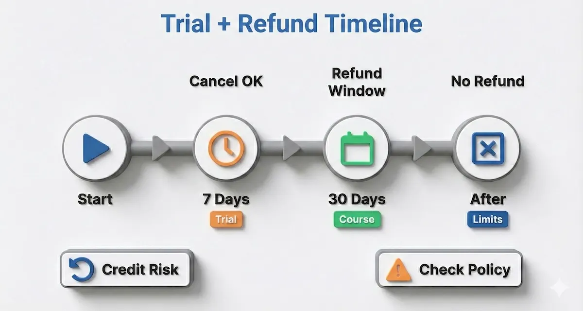 Timeline showing 7-day Personal Plan trial and 30-day course refund window, with subscription refund limit reminders.