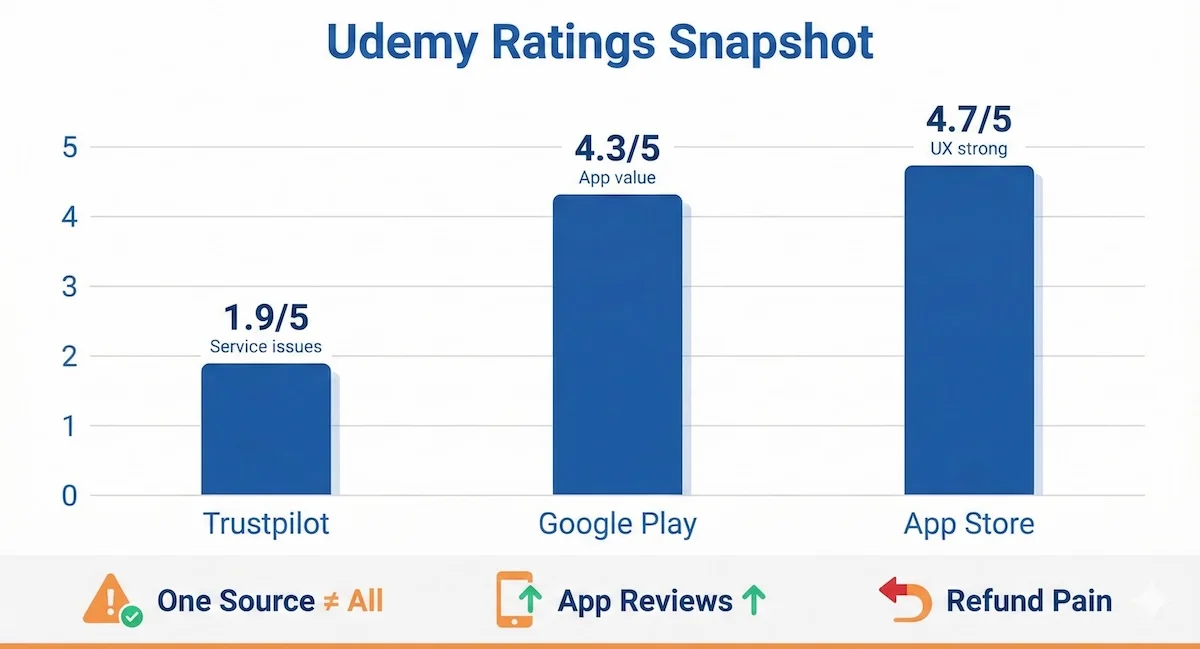 Grouped bar chart showing Udemy ratings on Trustpilot, Google Play, and App Store to explain mixed reviews.
