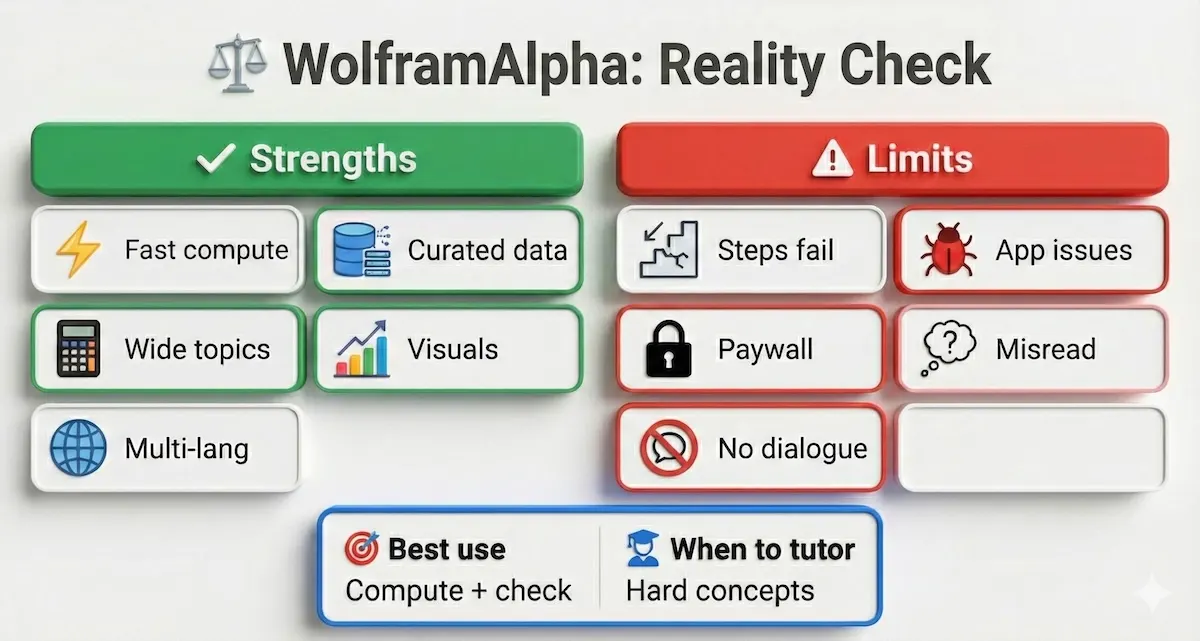 Two-column infographic showing WolframAlpha strengths (fast compute, wide topics, visuals) versus limits (step bugs, app issues, paywalls, no dialogue).