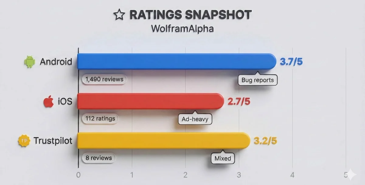 Bar chart showing WolframAlpha ratings: Android 3.7/5 (1,490), iOS 2.7/5 (112), Trustpilot 3.2/5 (8).