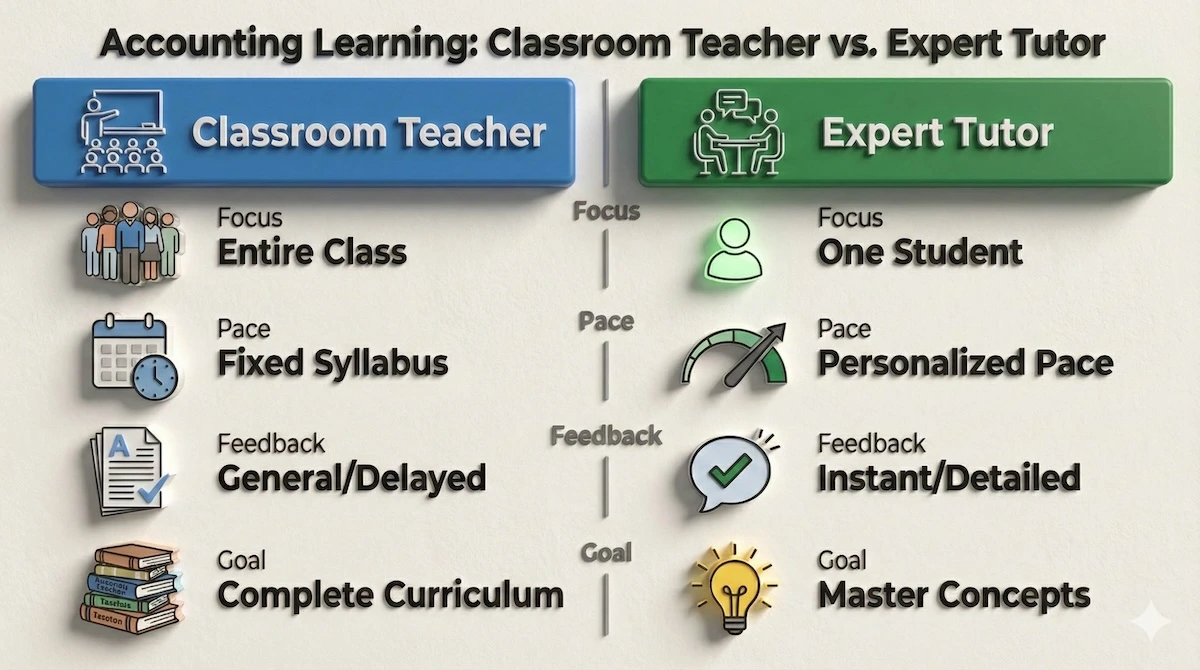 Comparison table showing differences between classroom accounting teachers and private tutors regarding focus, pace, feedback, and goals.