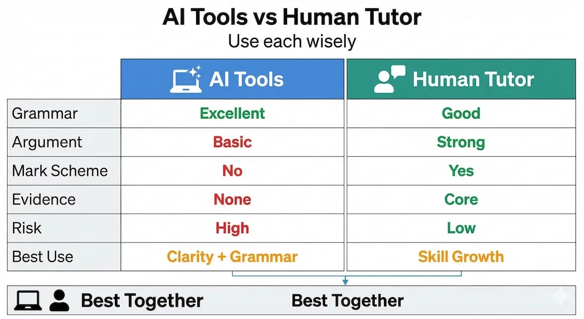 Side-by-side comparison of AI essay tools and human humanities tutors, showing strengths, risks, costs, and best use cases.