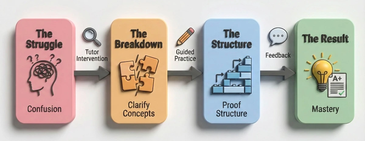 Process diagram showing how abstract algebra tutoring transforms student confusion into mastery through concept clarification, proof structuring, and feedback.