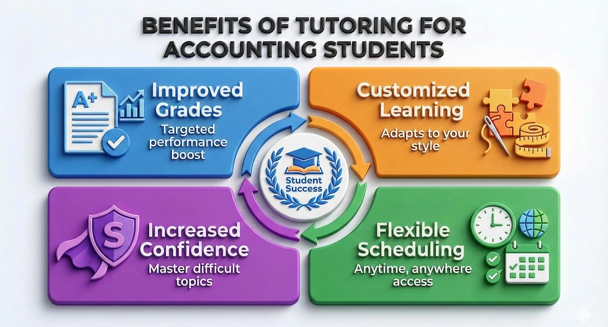 Infographic highlighting four key benefits of accounting tutoring: Improved Grades, Customized Learning, Increased Confidence, and Flexible Scheduling.