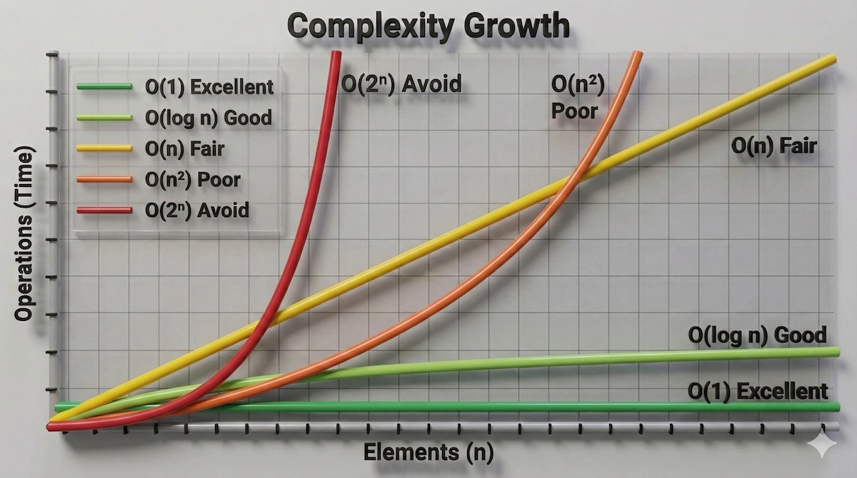 Big O notation graph showing time complexity curves from O(1) constant time to O(2^n) exponential time.