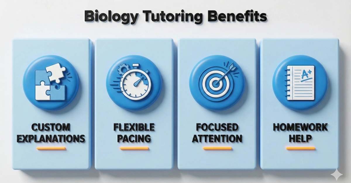 Infographic showing four benefits of biology tutoring: custom explanations, flexible pacing, focused attention, and homework help.