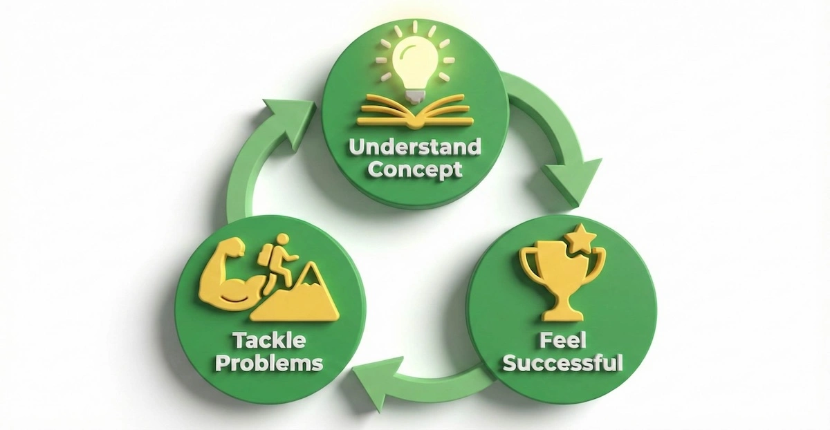 Cycle diagram illustrating the positive feedback loop in biology tutoring: understanding concepts leads to feeling successful, which encourages tackling harder problems.