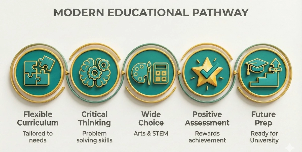 Diagram of 5 Cambridge IGCSE core features: Flexible Curriculum, Critical Thinking, Wide Choice, Positive Assessment, and Future Preparation.