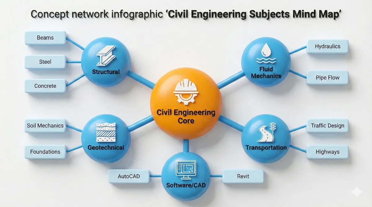 Mind map illustrating core civil engineering subjects including structural, geotechnical, fluid mechanics, transportation, and CAD software support.