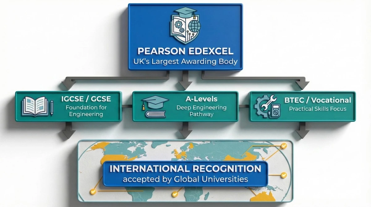 Concept diagram showing the Pearson Edexcel curriculum structure, including IGCSE, GCSE, A-Levels, and BTEC qualifications recognized globally.