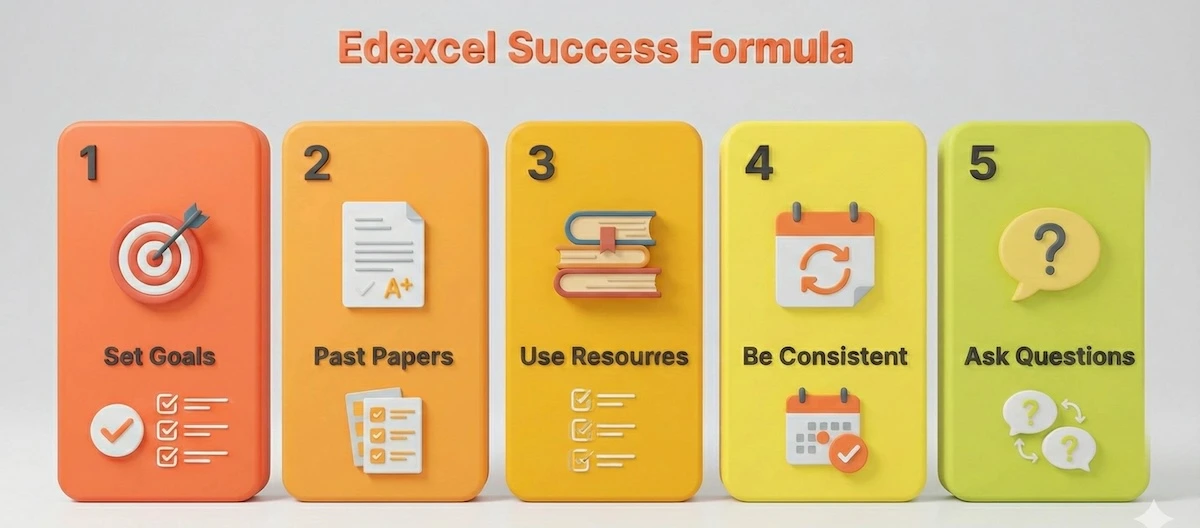 Visual checklist of five effective Edexcel study habits: Set Goals, Practice Past Papers, Use Resources, Be Consistent, and Ask Questions.