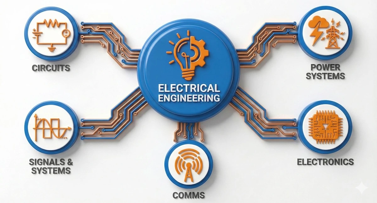 Infographic illustrating core electrical engineering subjects including Circuits, Power Systems, Signals, Electronics, and Communications.
