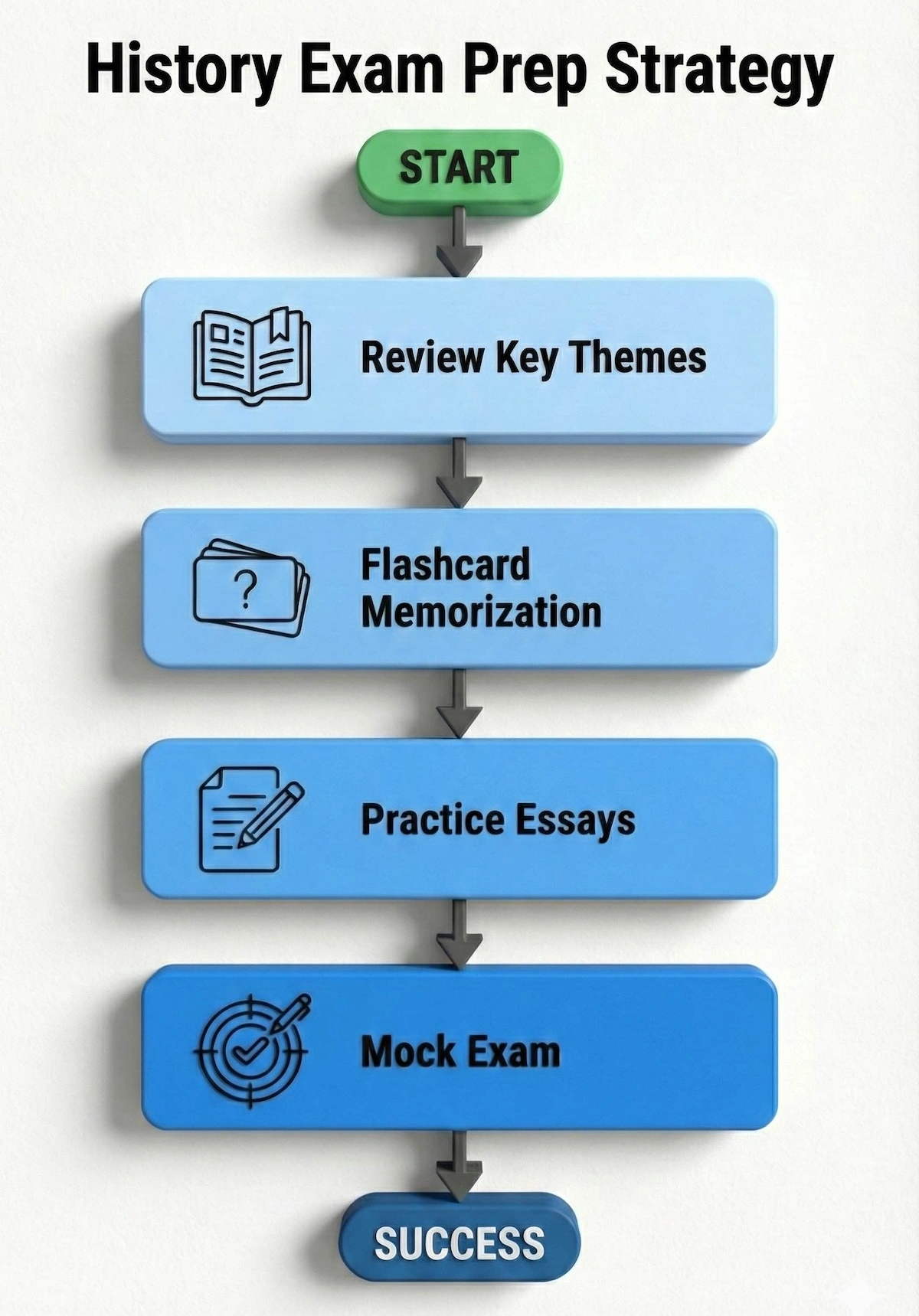 Vertical flowchart showing history exam preparation steps: review themes, flashcard memorization, practice essays, and taking mock exams.