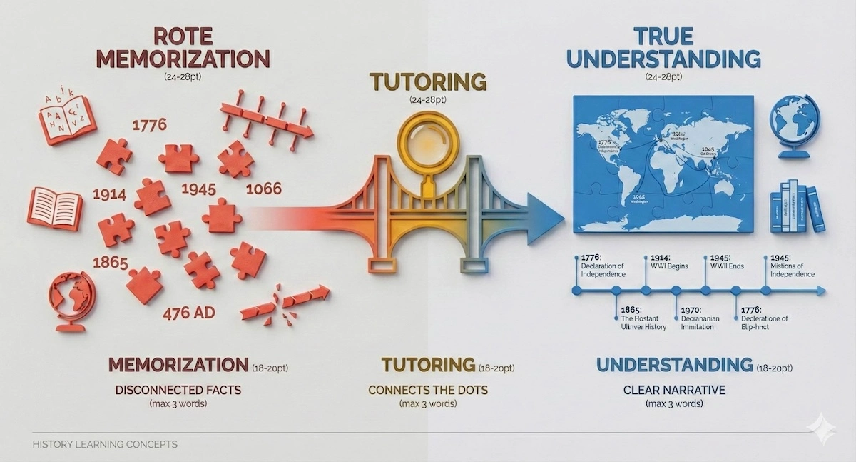 Concept illustration showing history learning difference: scattered facts representing rote memorization versus connected timeline representing deep understanding with tutoring.