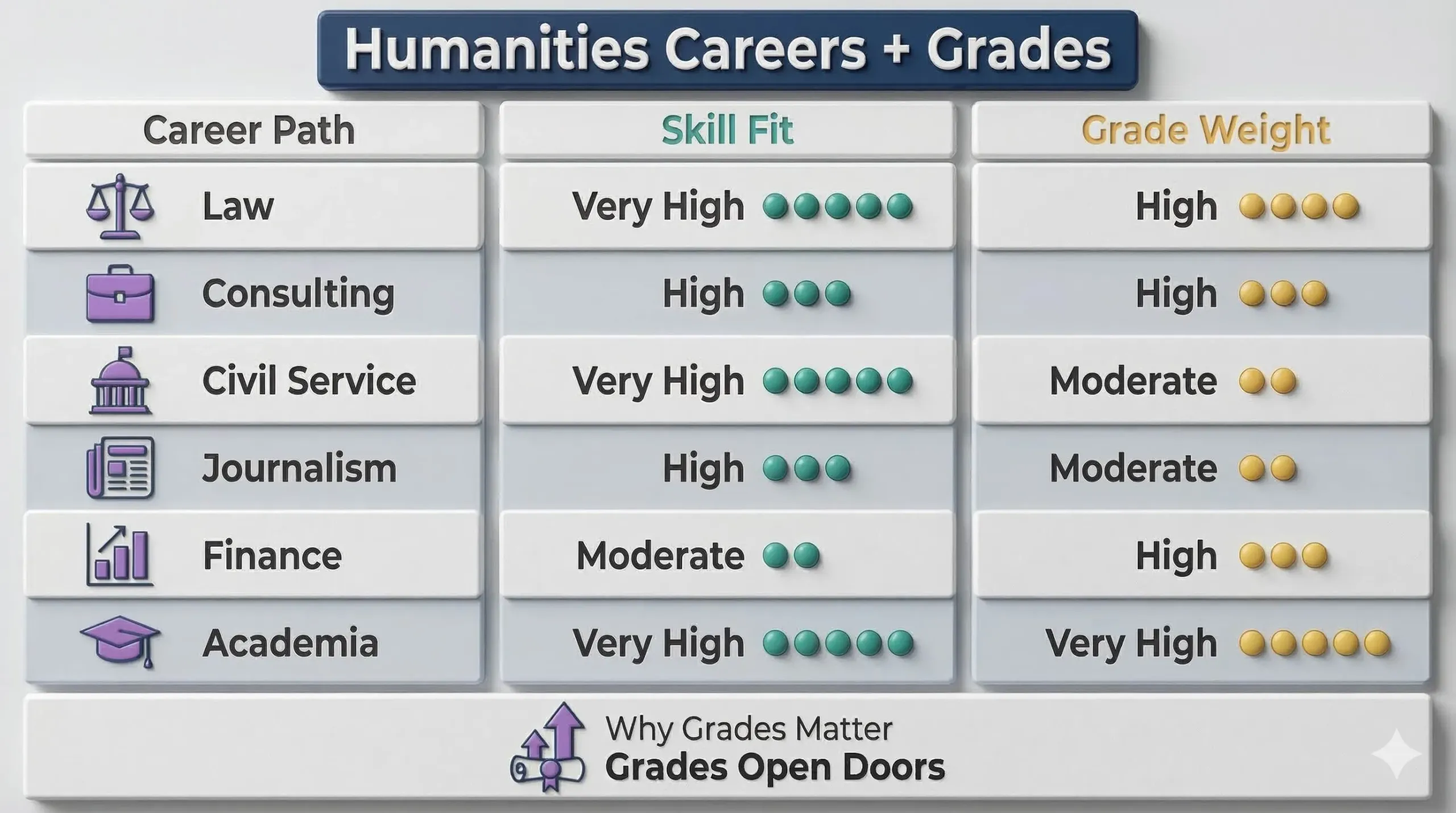 Career matrix infographic showing humanities degree career paths, skill relevance, and how much grades matter for each route.