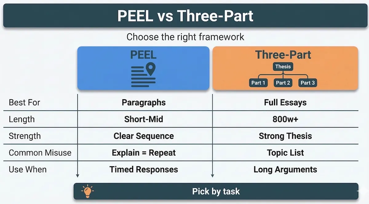Comparison table showing when to use PEEL and the three-part argument structure in humanities essays, with strengths and common mistakes.