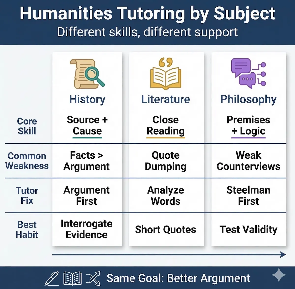 Comparison infographic showing how humanities tutoring differs across history, literature, and philosophy with skills, weaknesses, and tutor fixes.