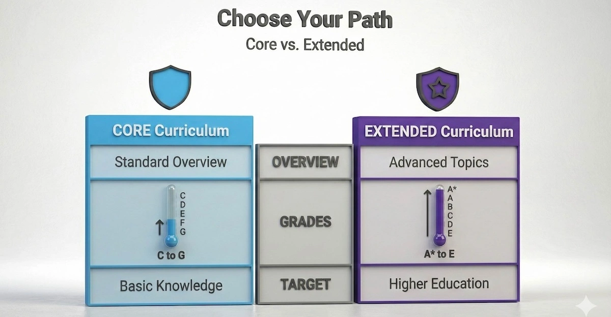 Comparison table of Cambridge IGCSE Core vs Extended curriculum: Core offers grades C-G for basic overview; Extended offers A*-E for advanced study.