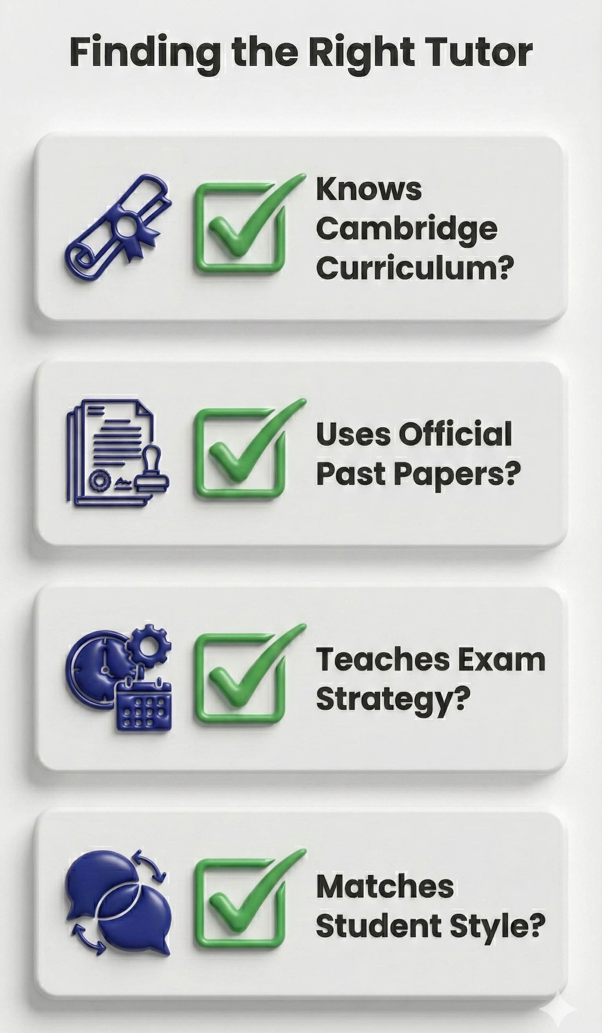 Checklist for hiring a Cambridge IGCSE tutor: Verify curriculum knowledge, use of official past papers, exam strategy teaching, and student compatibility.