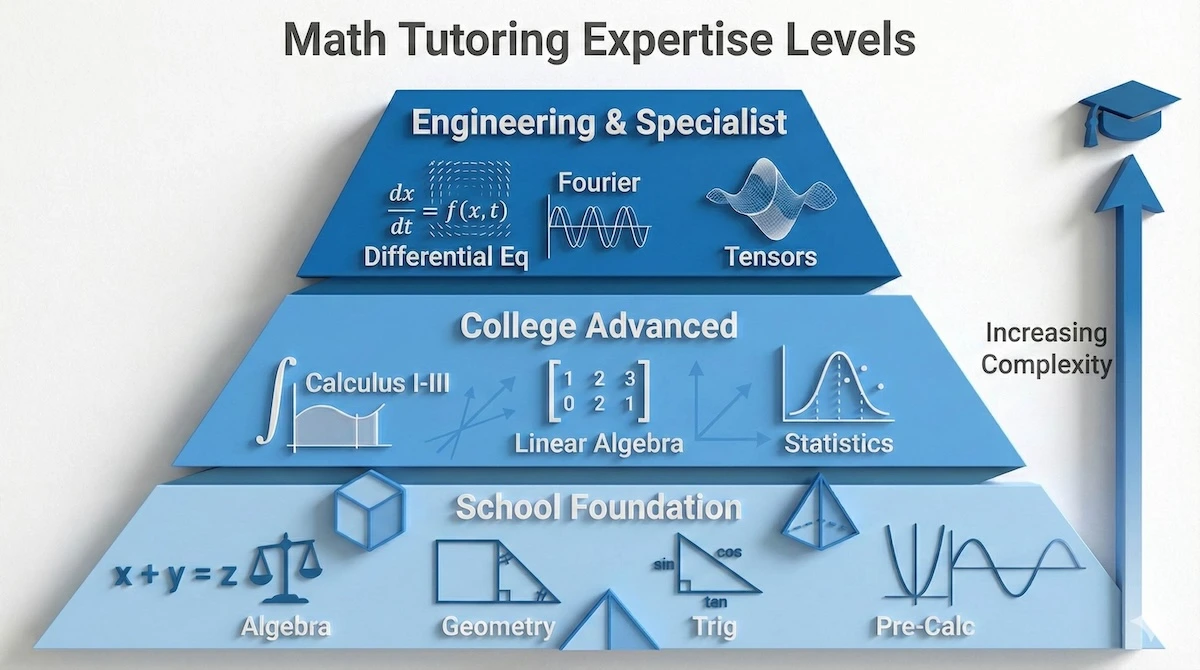 Hierarchical pyramid of math tutoring topics ranging from school foundation (Algebra, Geometry) to college level (Calculus) and engineering specialties (Differential Equations, Fourier Analysis).