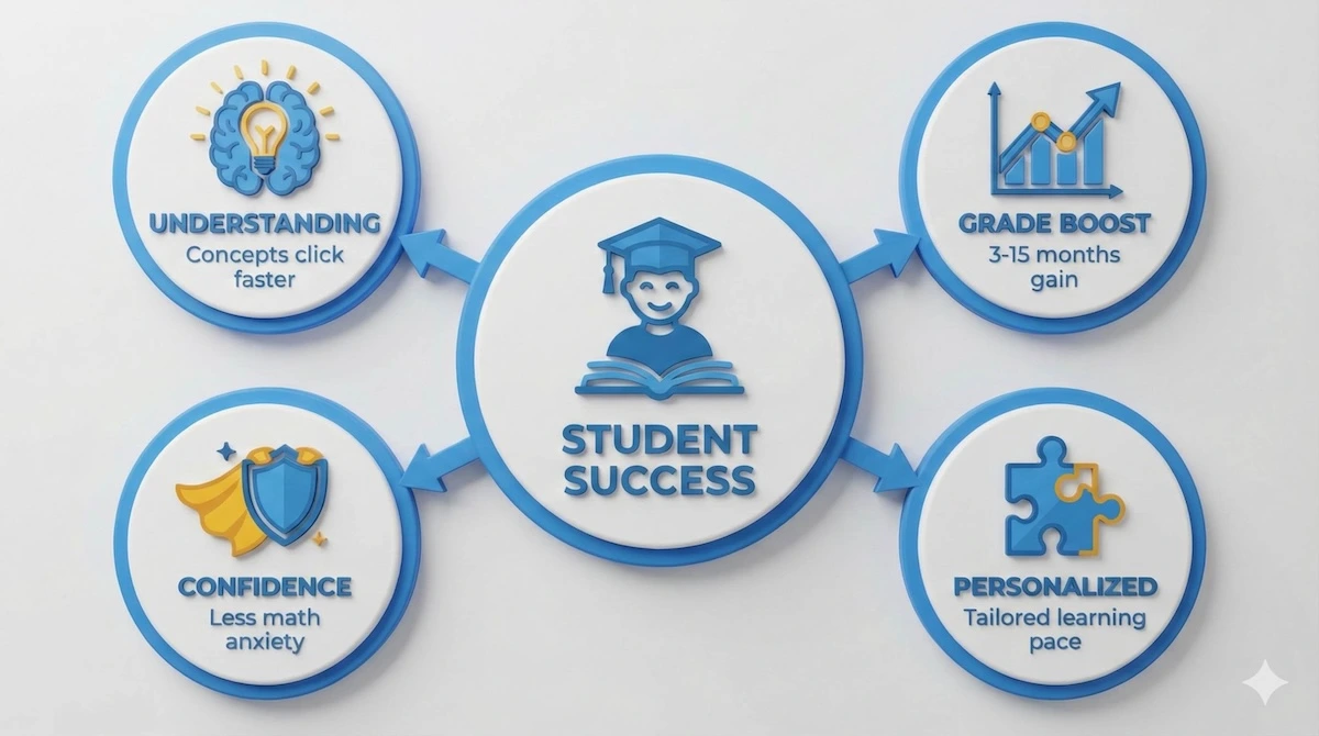 Infographic showing four key benefits of math tutoring: improved understanding, grade boosts of 3-15 months, increased confidence, and personalized learning pace.