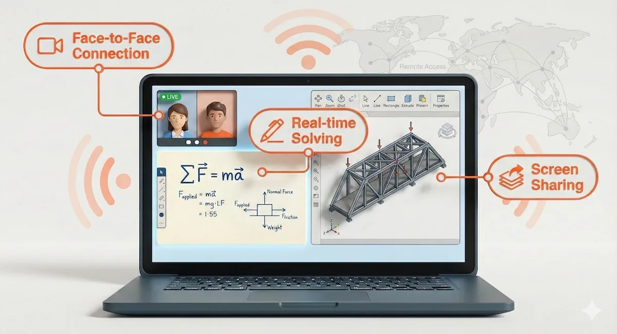 Illustration of an online tutoring interface featuring video chat, digital whiteboard for equations, and screen sharing for CAD software.