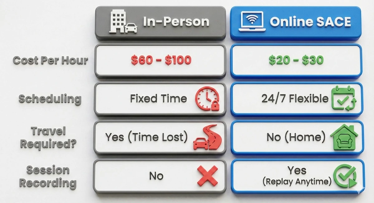 Comparison table showing Online SACE tutoring is cheaper ($20-30), more flexible, and offers session recordings compared to in-person tutoring.