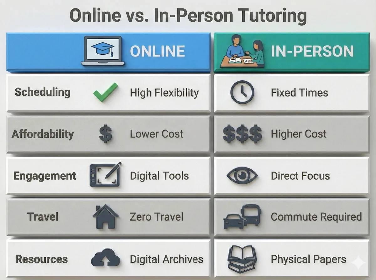 Comparison chart showing differences between online and in-person tutoring regarding flexibility, cost, engagement, convenience, and study resources.