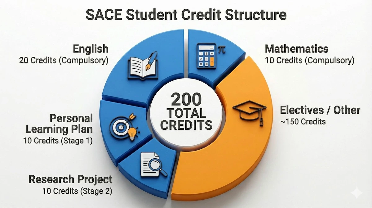 Infographic showing SACE curriculum credit breakdown: 20 English, 10 Math, 10 PLP, 10 Research Project, and 150 Elective credits.