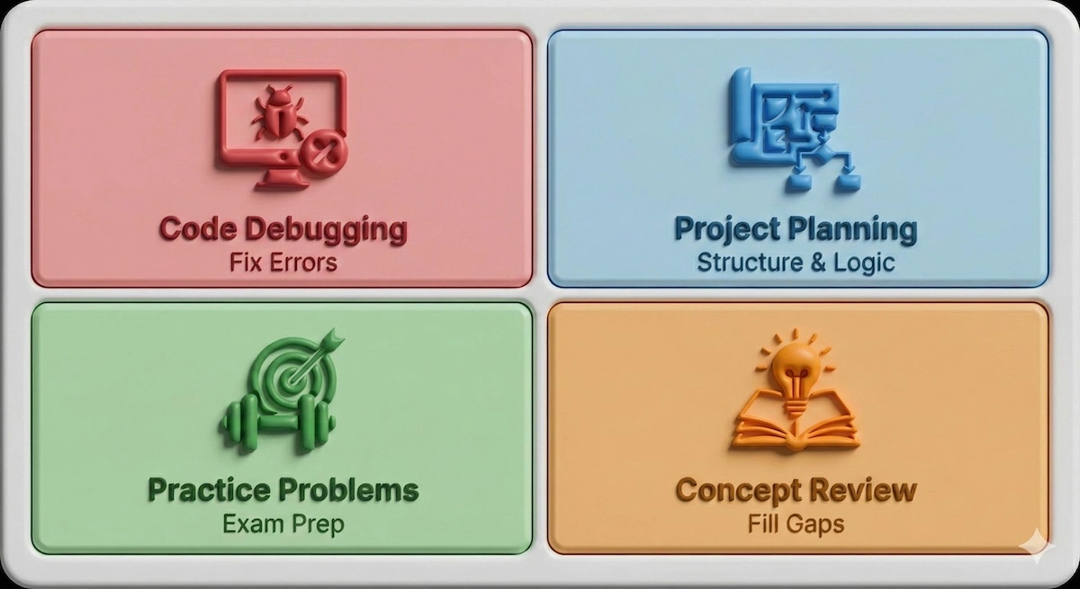 Grid infographic showing four types of software engineering help: Code Debugging, Project Planning, Practice Problems, and Concept Review.