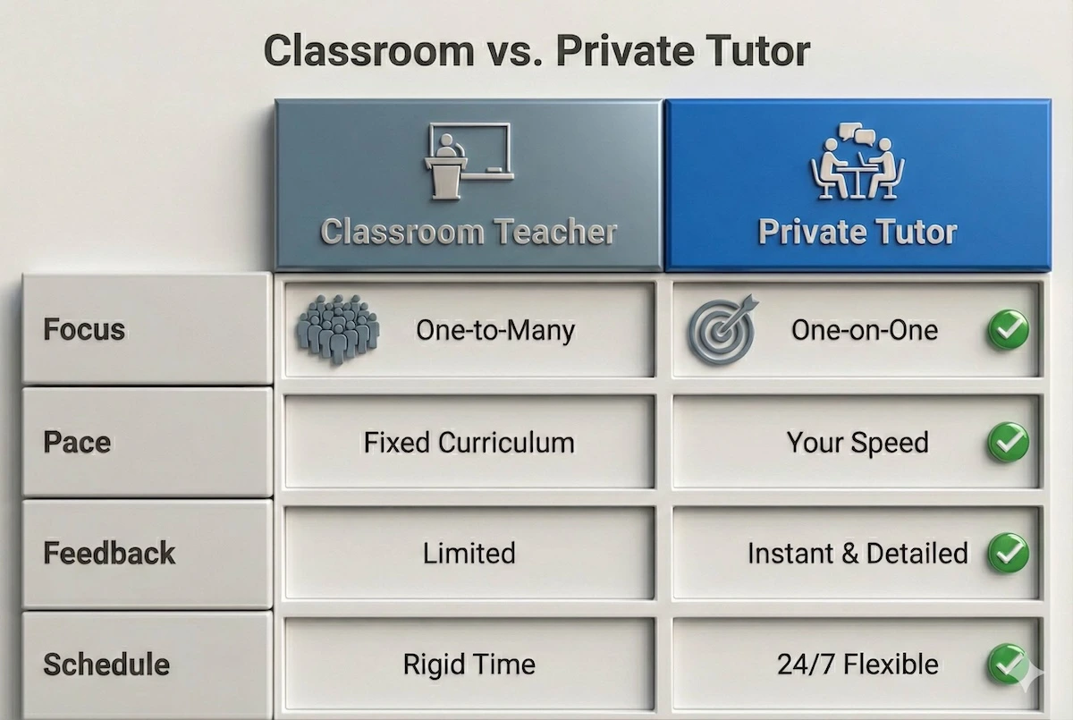 Comparison table showing differences between classroom teachers and private electrical engineering tutors regarding focus, pace, feedback, and scheduling.