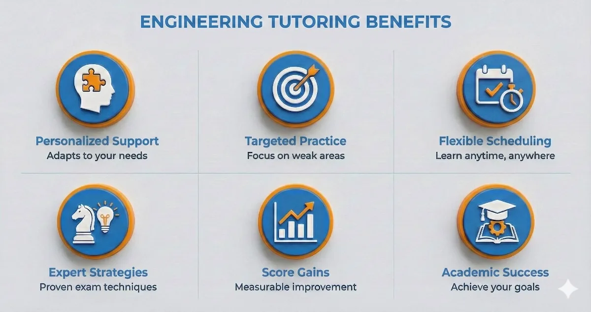 Infographic illustrating five key benefits of test preparation tutoring: personalized support, targeted practice, flexible scheduling, expert strategies, and score gains.