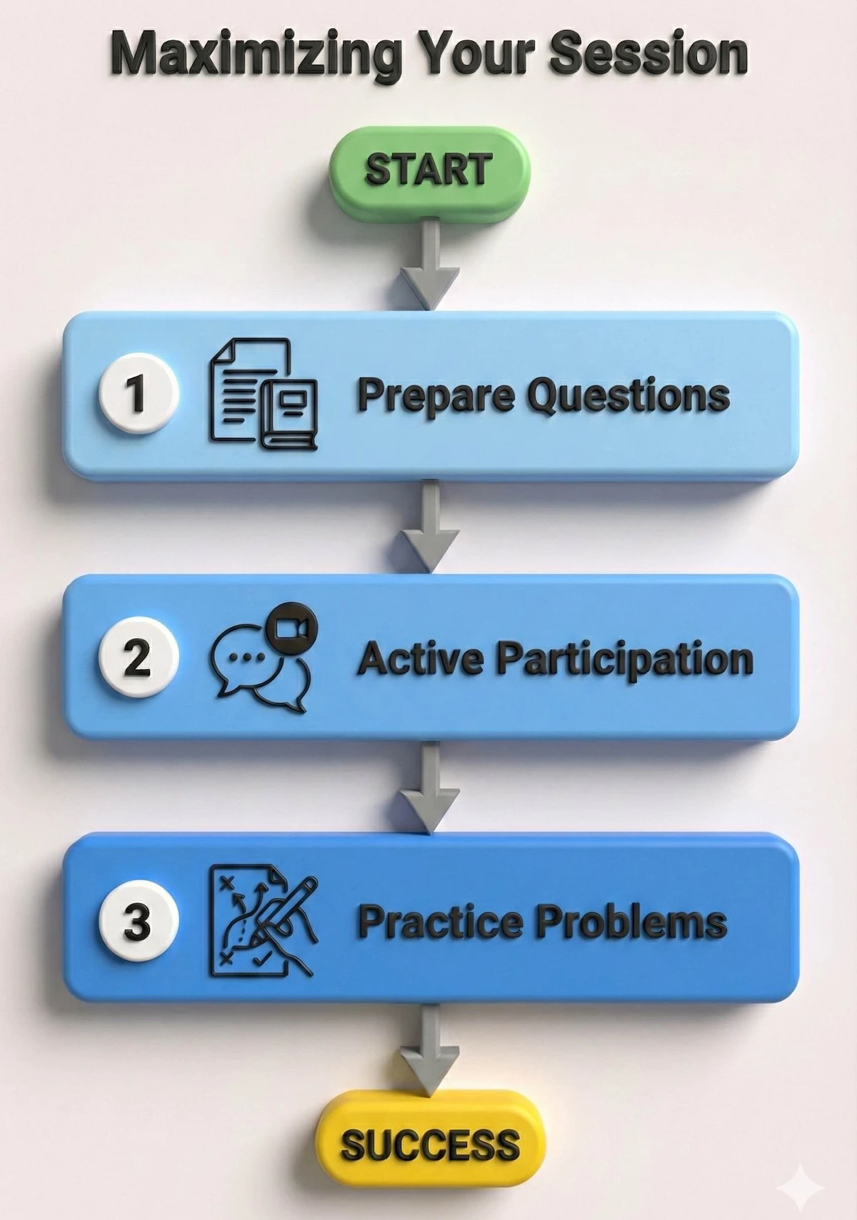 Flowchart showing three steps for a successful tutoring session: Prepare Questions, Active Participation, and Practice Problems.