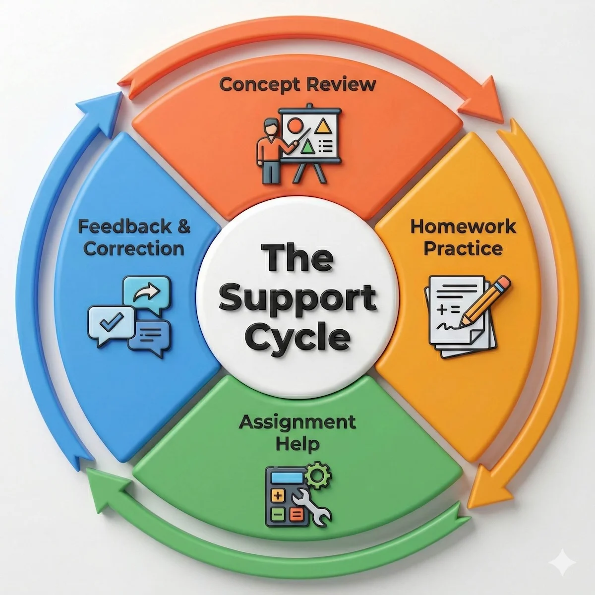 Circular diagram showing the tutoring support cycle: Concept Review, Homework Practice, Assignment Help, and Feedback & Correction.