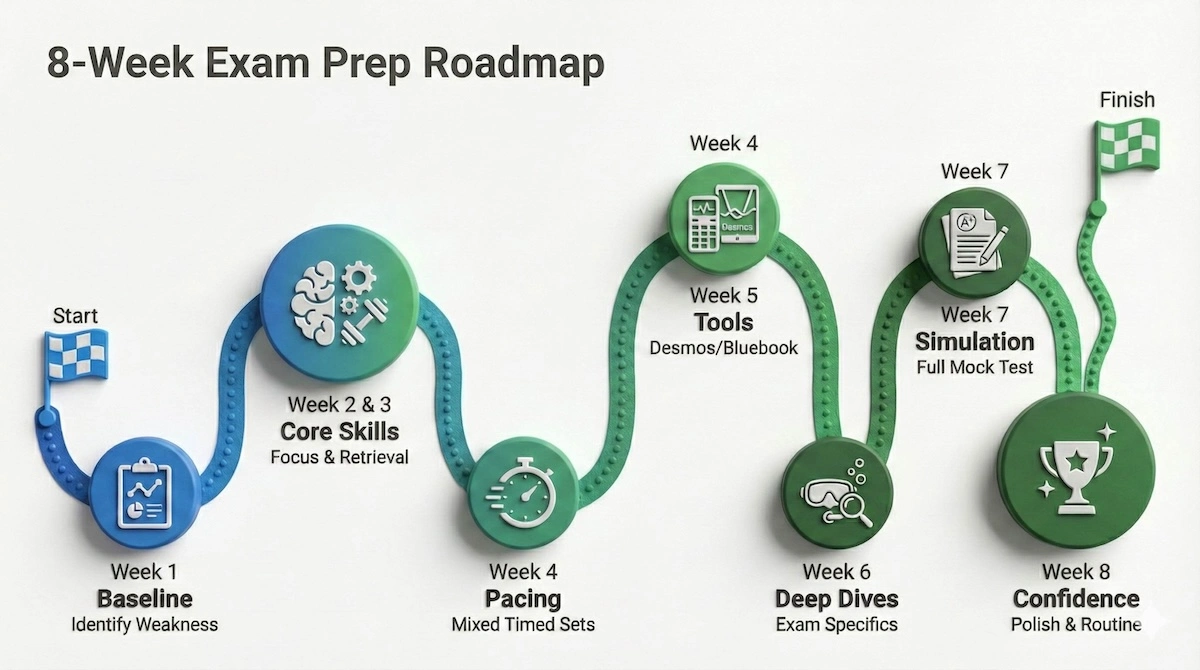 8-week math study timeline showing progression from diagnostic baseline, core skills, pacing, tools, deep dives, simulation, to final confidence polishing.