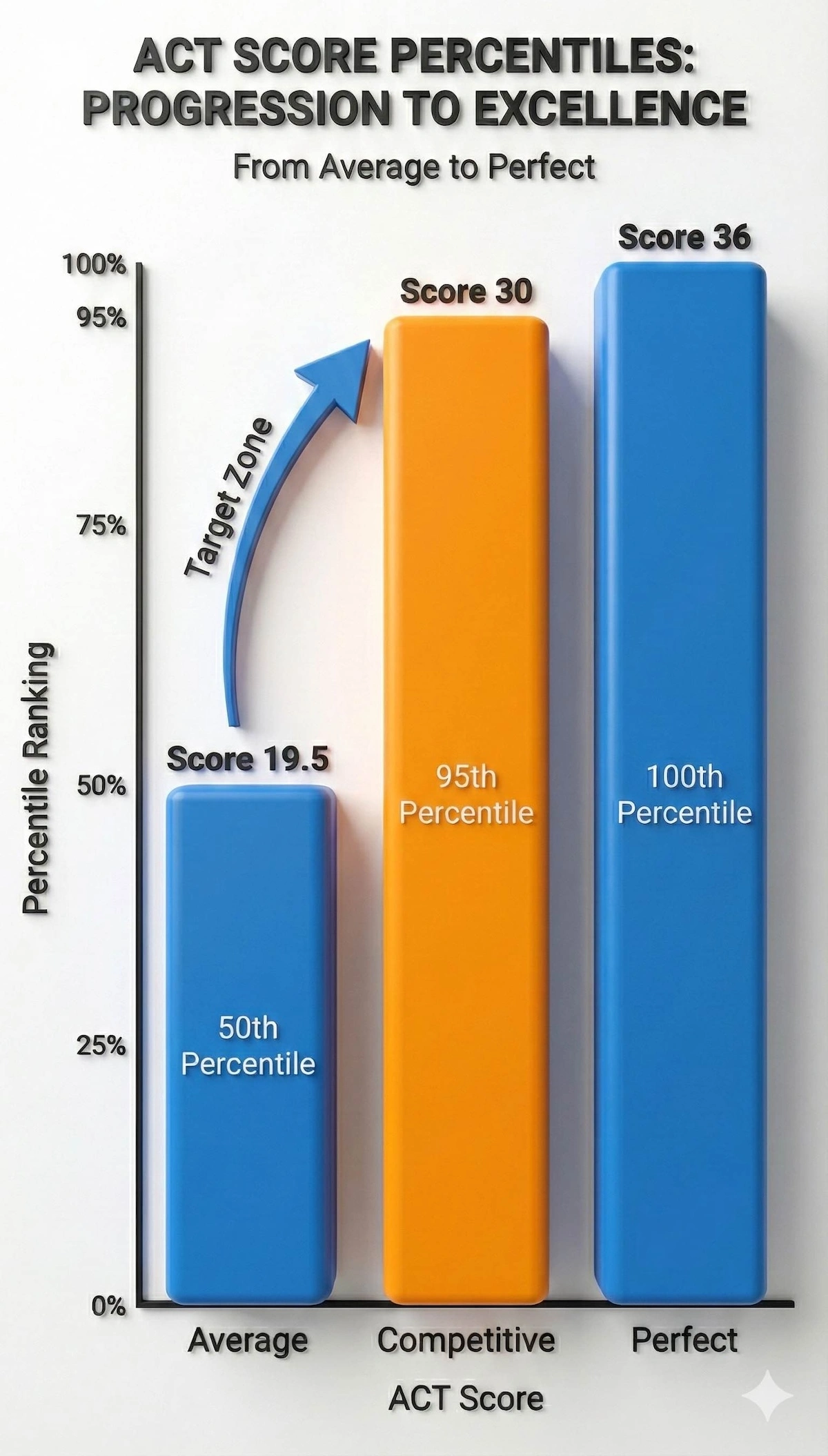 Bar chart showing ACT score percentiles: Average score 19.5 (50th percentile) versus Competitive score 30 (95th percentile) and Perfect score 36.