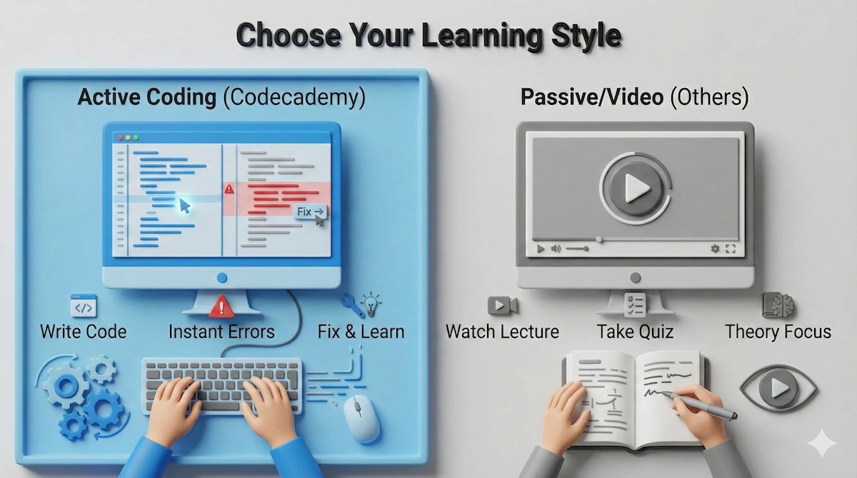 Concept illustration comparing active coding learning style of Codecademy versus passive video lecture style of other platforms.
