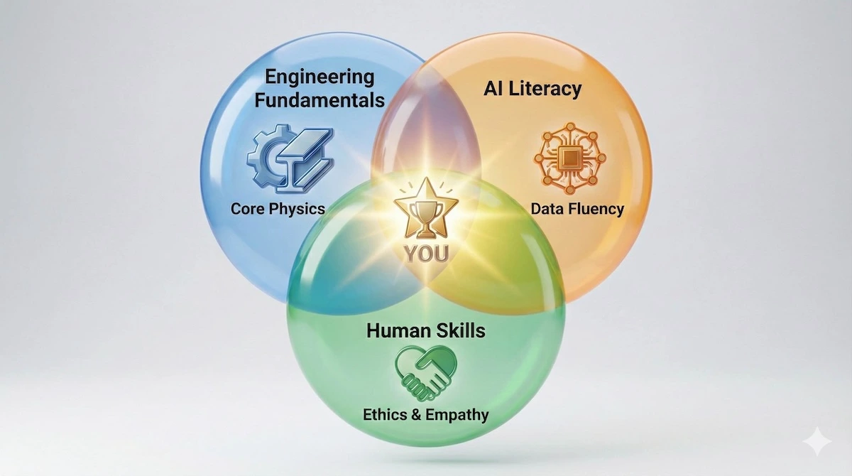 Venn diagram illustrating the ideal engineering skillset: the intersection of Core Physics, AI Literacy (Data Fluency), and Human Skills (Ethics & Empathy).