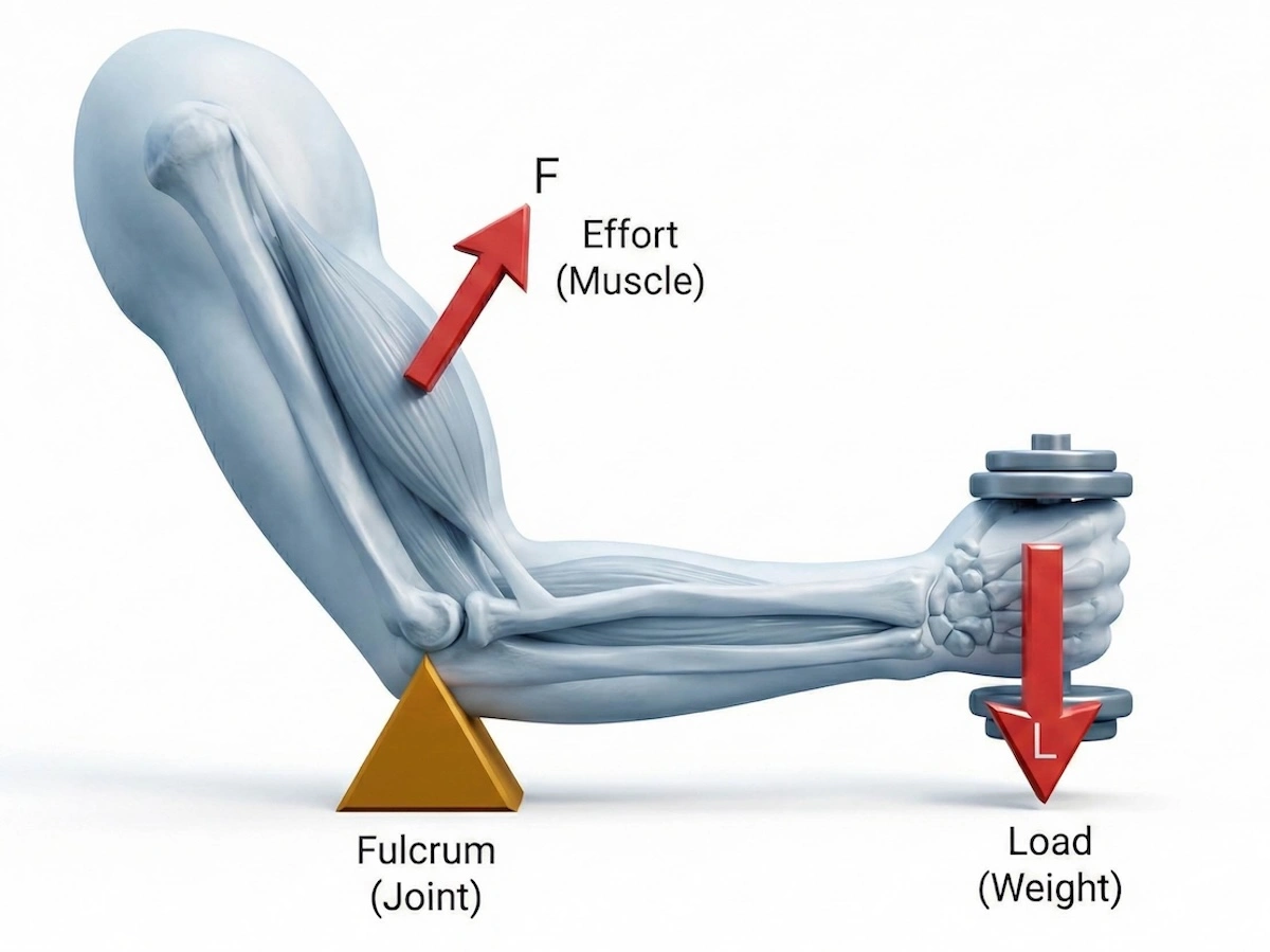 Biomechanics diagram illustrating the human arm as a Class 3 lever system, identifying the Fulcrum (elbow), Effort (bicep), and Load (hand).
