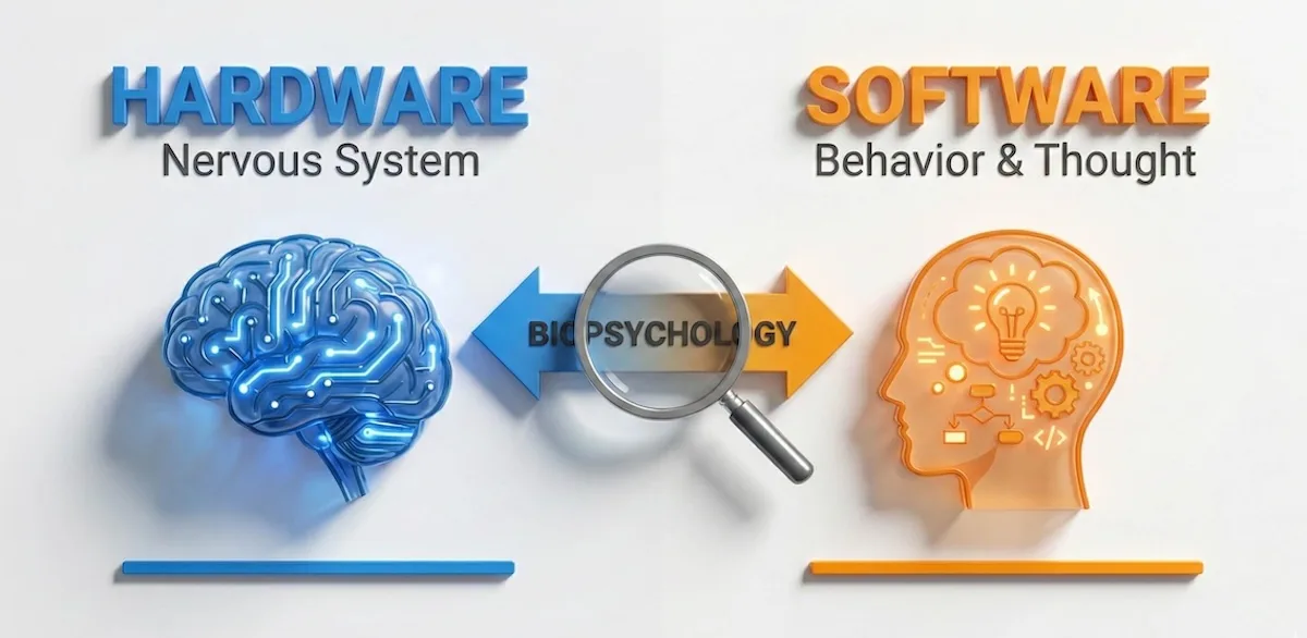 Split-screen illustration comparing the brain as biological hardware and behavior as psychological software, bridged by biopsychology.