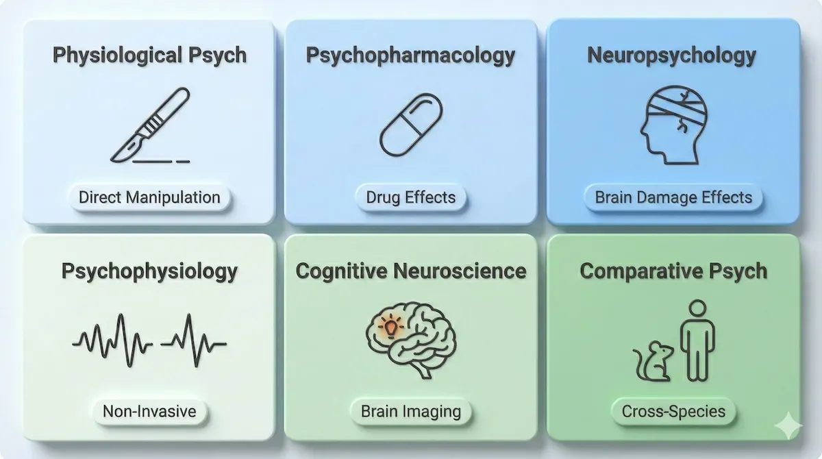 Grid infographic summarizing six fields of biopsychology: physiological, psychopharmacology, neuropsychology, psychophysiology, cognitive neuroscience, and comparative psychology.